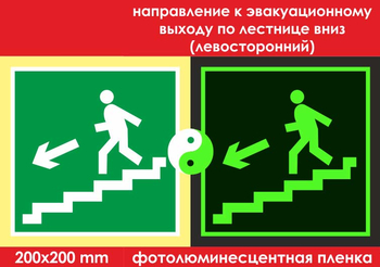 E14 направление к эвакуационному выходу по лестнице вниз (левосторонний) (ГОСТ 34428-2018,фотолюминесцентная пленка, 200х200 мм) - Знаки безопасности - Фотолюминесцентные знаки - . Магазин Znakstend.ru